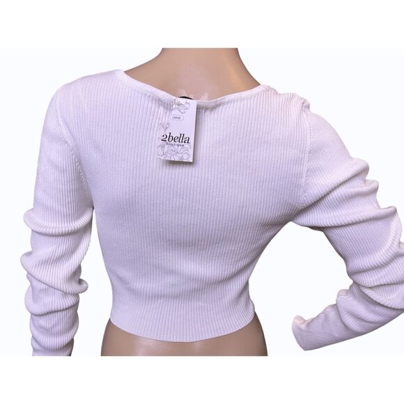 NWT 2Bella Cropped Ribbed Stretch Long Sleeve Top Snap Front L White Y2K Style - Picture 2 of 11